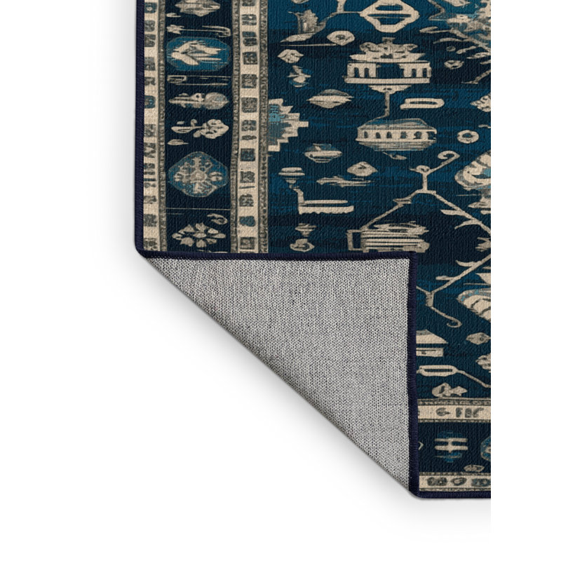 Tapis bleu turc lavable à la machine, Rond 6 pi