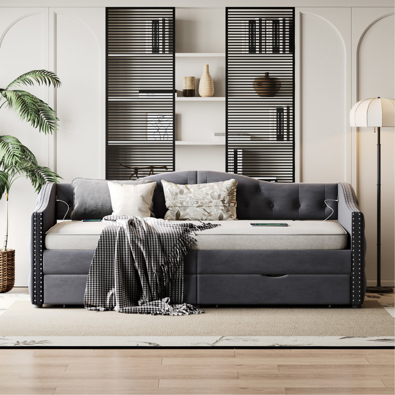 Lit de jour simple avec rangement en velours gris - aucun sommier nécessaire, cadre en bois avec circulation d'air supérieure et support rembourré 2 tiroirs, taille, ressort, design élégant
