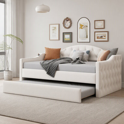 Lit de jour simple rembourré en velours capitonné, gigogne escamotable, ports de chargement USB et Type-C, beige