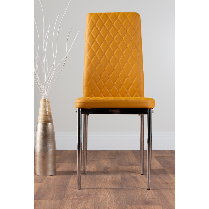 Tierra Modern Chrome Metal & Glass Round Dining Table Set with 6 Quilted Faux Leather Chairs, Mustard