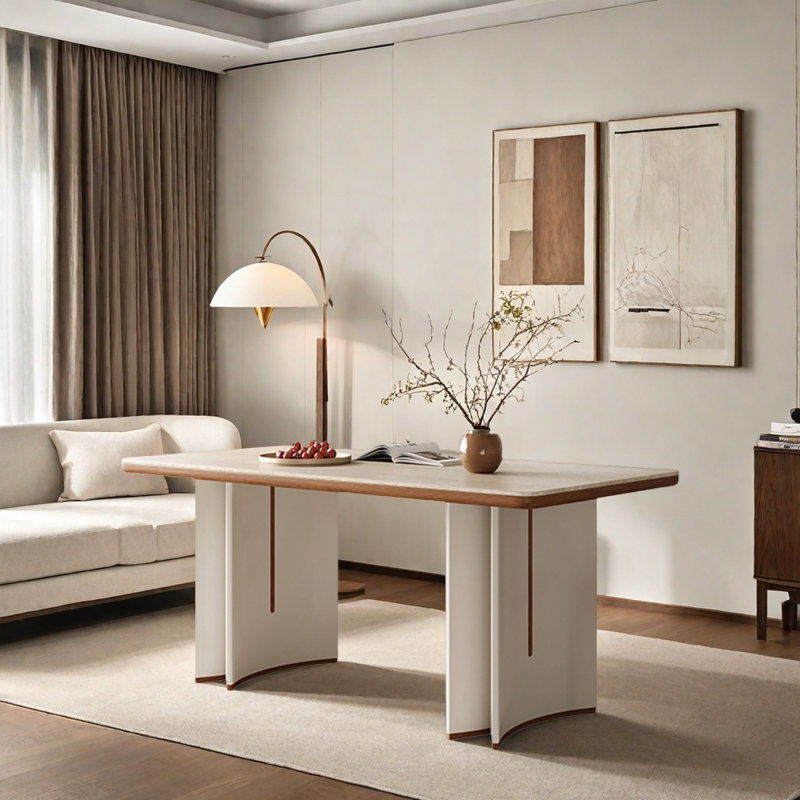 Rectangular cream-colored solid wood dining table, 29.52"H x 55.11"L x 31.49"W