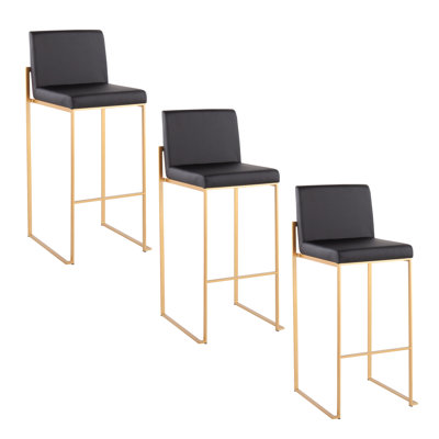 Tabouret de bar 30 po contemporain à haut dossier en acier doré et similicuir noir - ensemble de 3