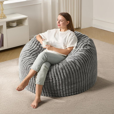 Large Bean Bag Chair For Adults – Grey – 3Ft Big Beanbag With Stripe Plush Cover For Living Room, Bedroom, Dorm & Office