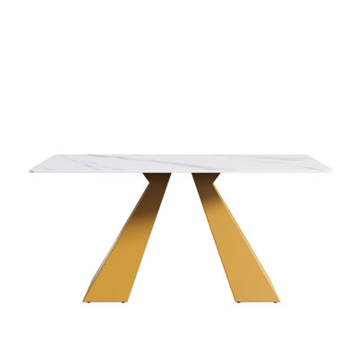 Table de salle à manger en pierre frittée blanche de 63 po avec pieds en métal doré - pour 6 personnes
