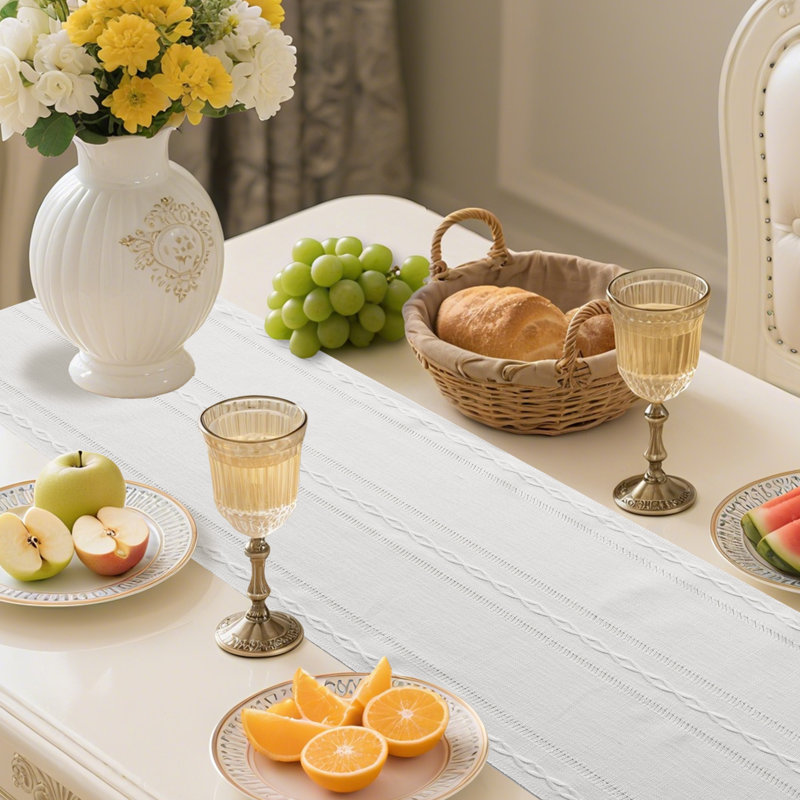 Linen Textured Hemstitched Embroidered Striped Table Runner With Tassels, 94" Rectangle, White