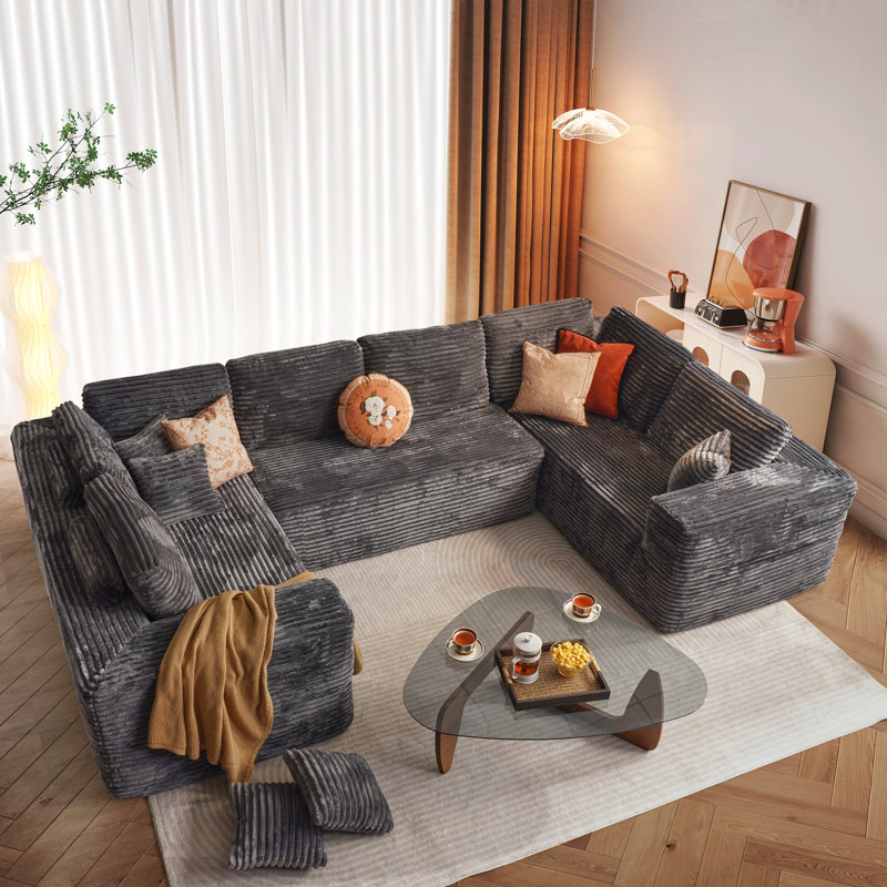 Canapé modulaire en U avec support à ressort Billie Corduroy, Velours côtelé noir