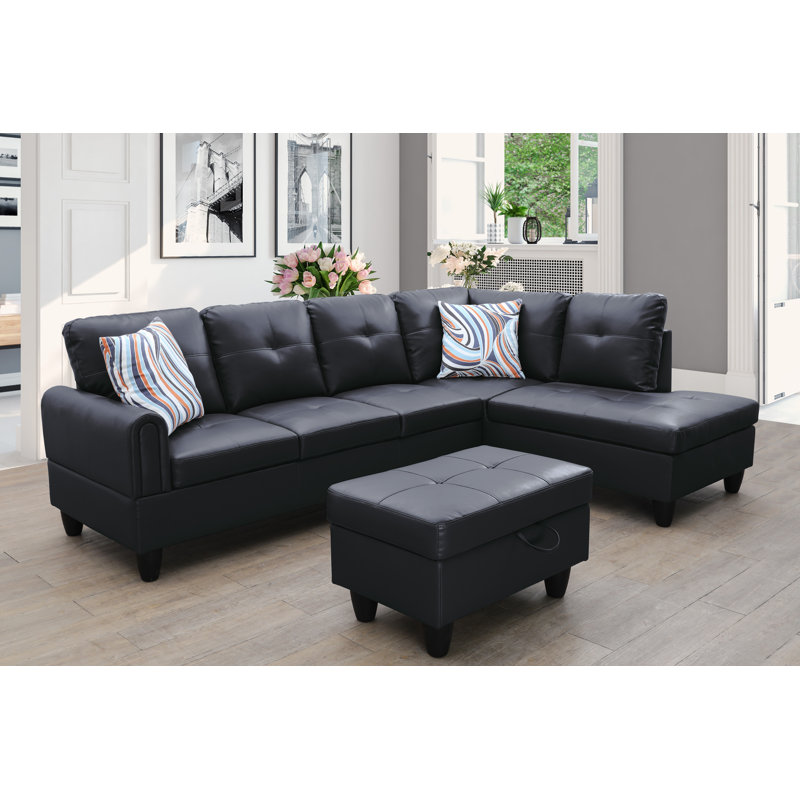 Addalyne Faux Leather L-Shaped Sectional, Black Faux Leather, Right Hand Facing