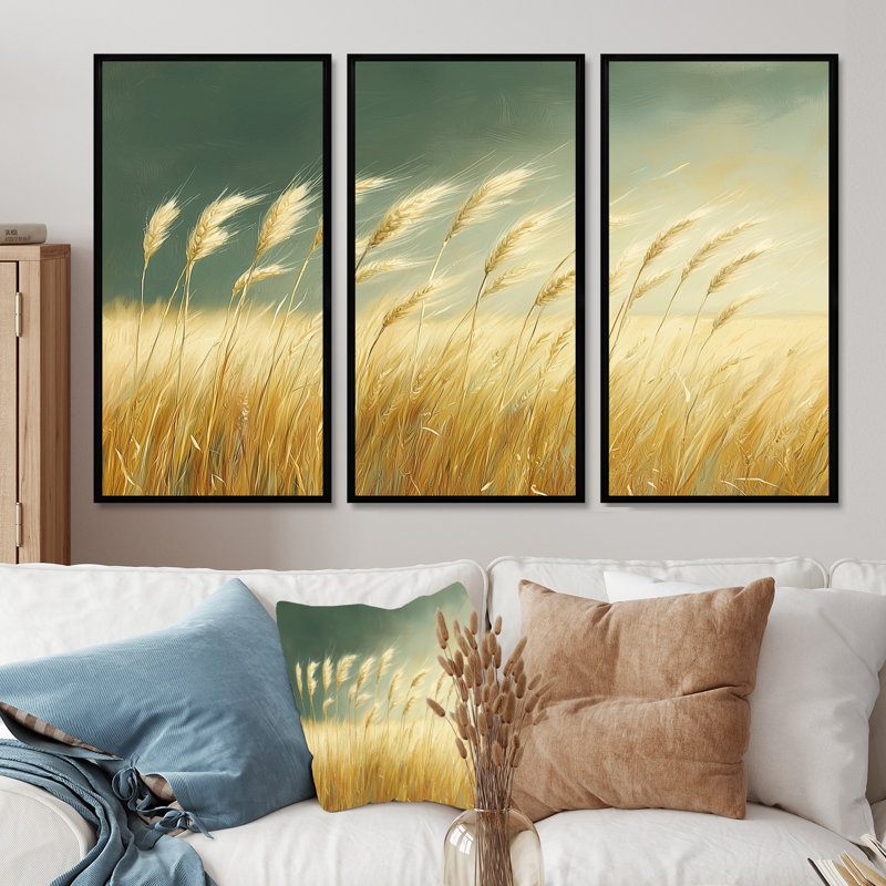 Green Golden Wheat - Farm Wall Art Set, 28" H x 36" W x 1" D, Black Floater Framed Canvas