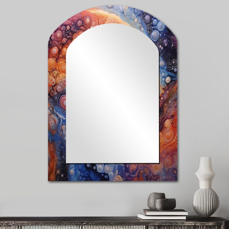 «Yellow Orange Galactic Universe» - miroir asymétrique Comets, miroir mural unique à arche jaune, impression sur métal
