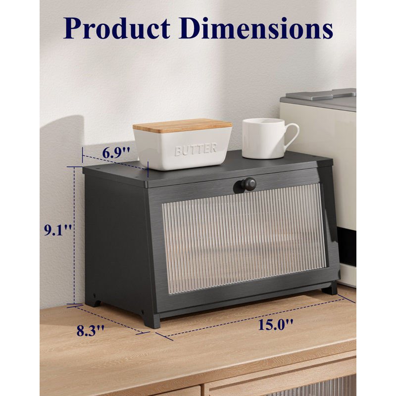 Bread Box - Wooden Bread Box for Kitchen Countertop, Large Capacity Kitchen Countertop Organizer, Stylish Bread Storage with Window, Multi-functional Container, Black, 15.0"x8.3"x9.1" (1T)