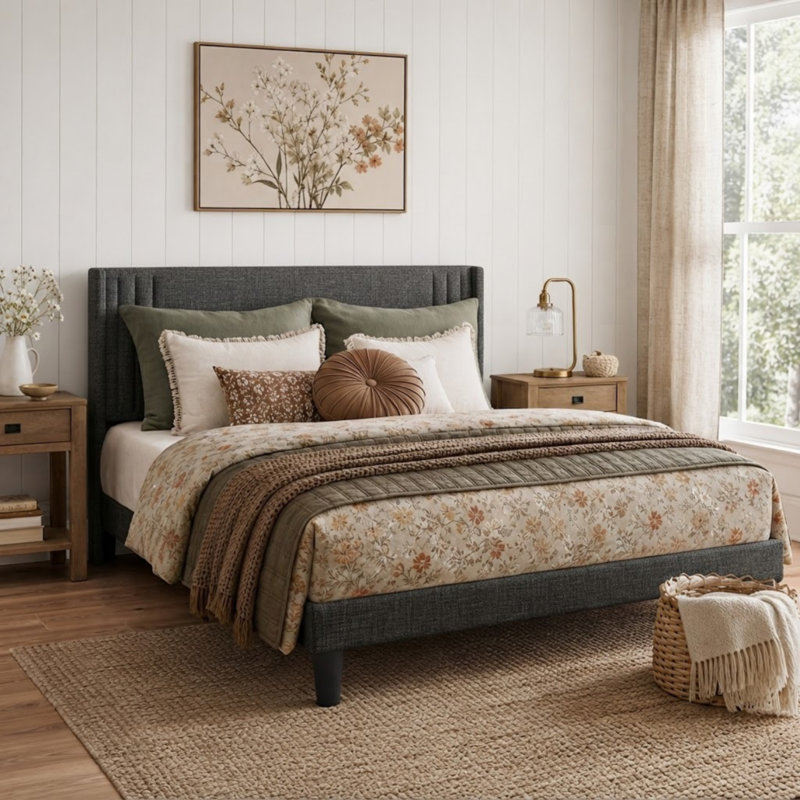 Upholstered Wingback Platform Bed, Metal Frame with Wood Slats, 7.5" Underbed Clearance, No Box Spring Needed, Dark Gray