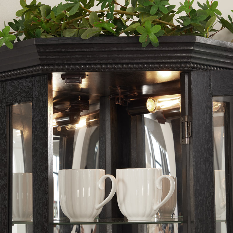 Lighted Corner Curio Cabinet - Glass Display Shelf With Tempered Glass Doors, Adjustable Shelving, And Included Bead Bulb - Ideal Bar Cabinet For Home Decor- Black