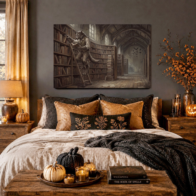 Loup, bibliothèque, lecture, bibliothèque, art mural d'Halloween, H 18 po x l 24 po