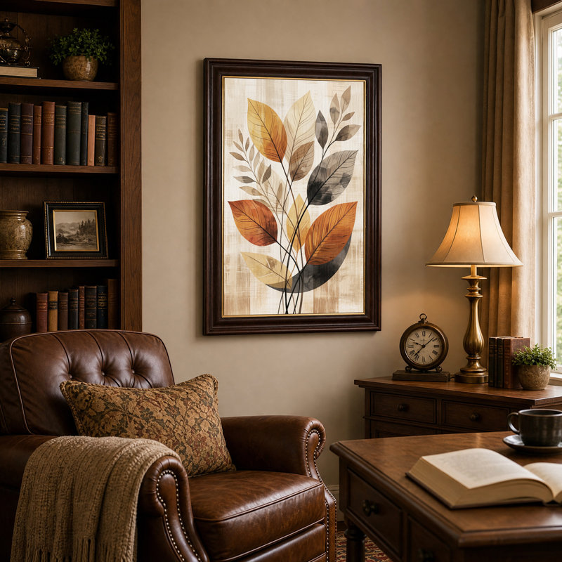 Tableau mural en toile beige texturée représentant des feuilles stylisées orange et grises, H 18 po x l 12 po