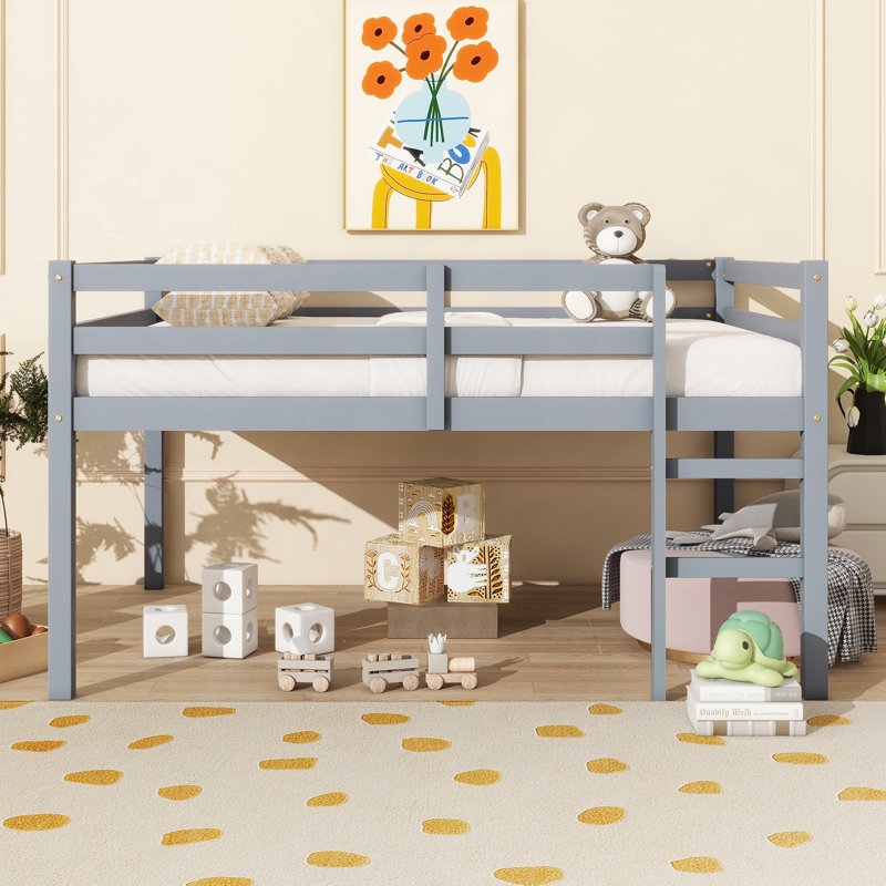 Lit mezzanine double en bois d'hévéa avec échelle, Gris