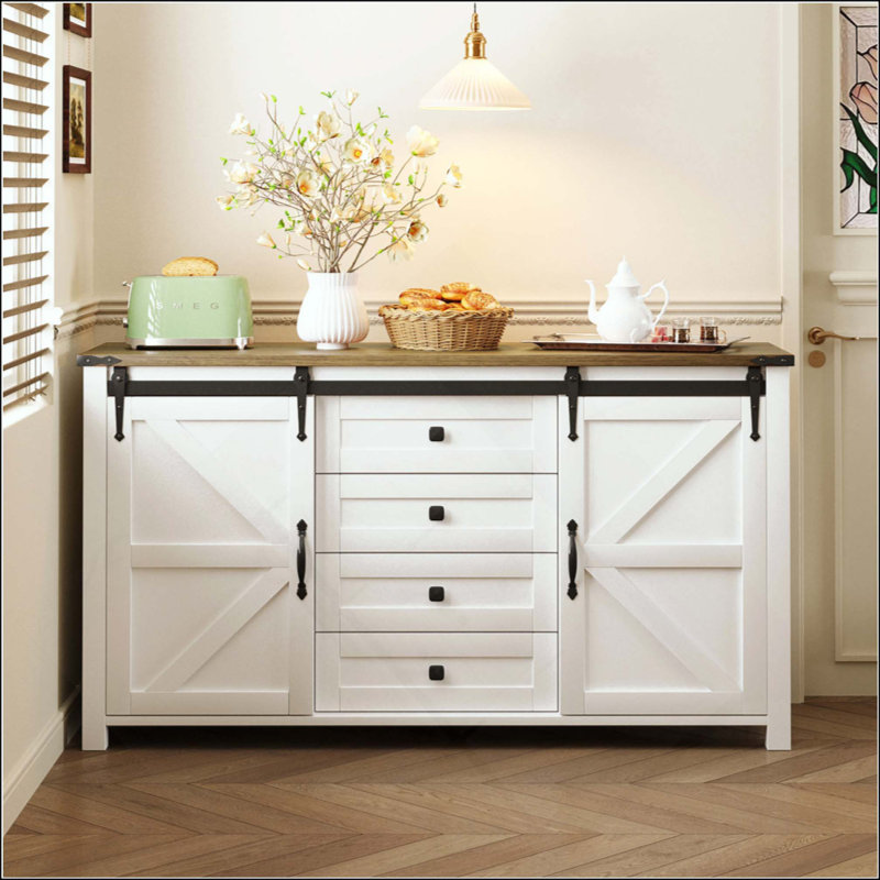 Buffet avec rangement, armoire de rangement de ferme avec portes de grange coulissantes et 4 tiroirs, table de buffet en bois avec prise de courant