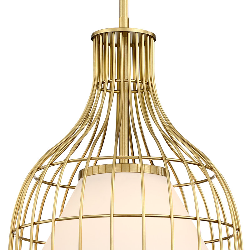Aukerman 60 Watt 1-Light Bell Pendant with Etched Opal Glass Shade and Metal Outer Cage, 14.75" H x12" W x 12" D
