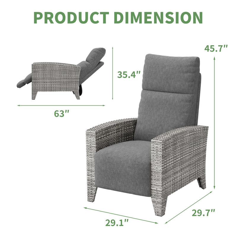 Outdoor Wicker Recliner Chair with Adjustable Backrest and Footrest, Patio Lounge Chair with Flip-Up Table and Cushion, Steel Frame