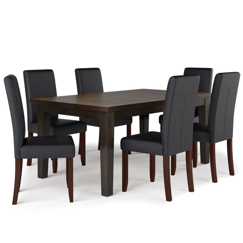 Acadian 7-Piece Dining Set with Solid Hardwood Table and 6 High-Back Upholstered Chairs, Distressed Black