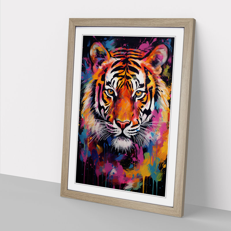 Tiger Colour Field No.2 - Single Picture Frame Rectangle Print on Wood, 34cm H x 25cm W x 2cm D, Oak