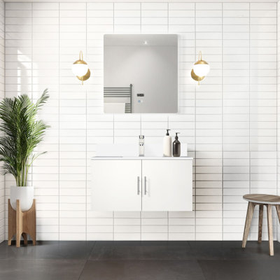 36 po Miroir à DEL et meuble-lavabo blanc brillant avec comptoir en marbre - fermeture en douceur, teinture, grand rangement