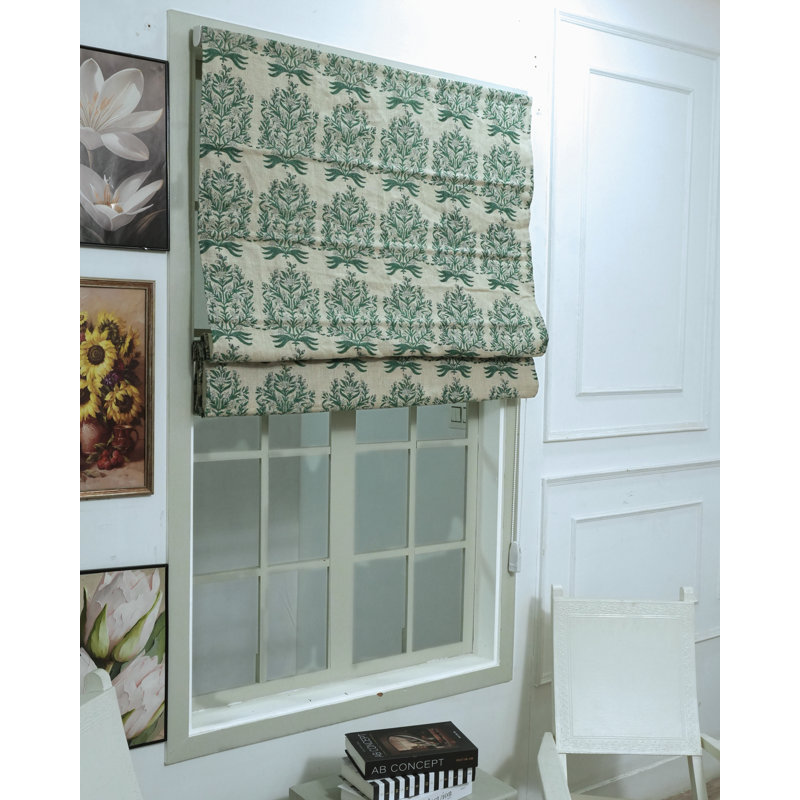 Revêtement de fenêtre en lin épais vert à motif romain en lin épais pour cuisine, salle de bain et bureau, 46" W X L 60