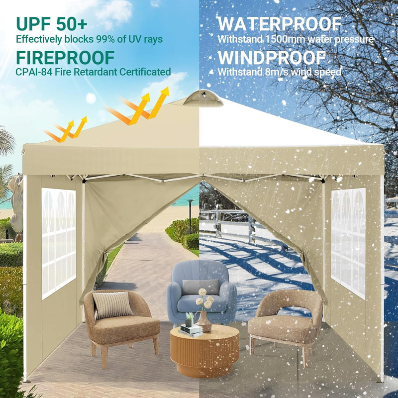 Easy up Outdoor Waterproof Pop-Up Canopy Tent with 4 Sidewalls for Parties, Picnic, Khaki