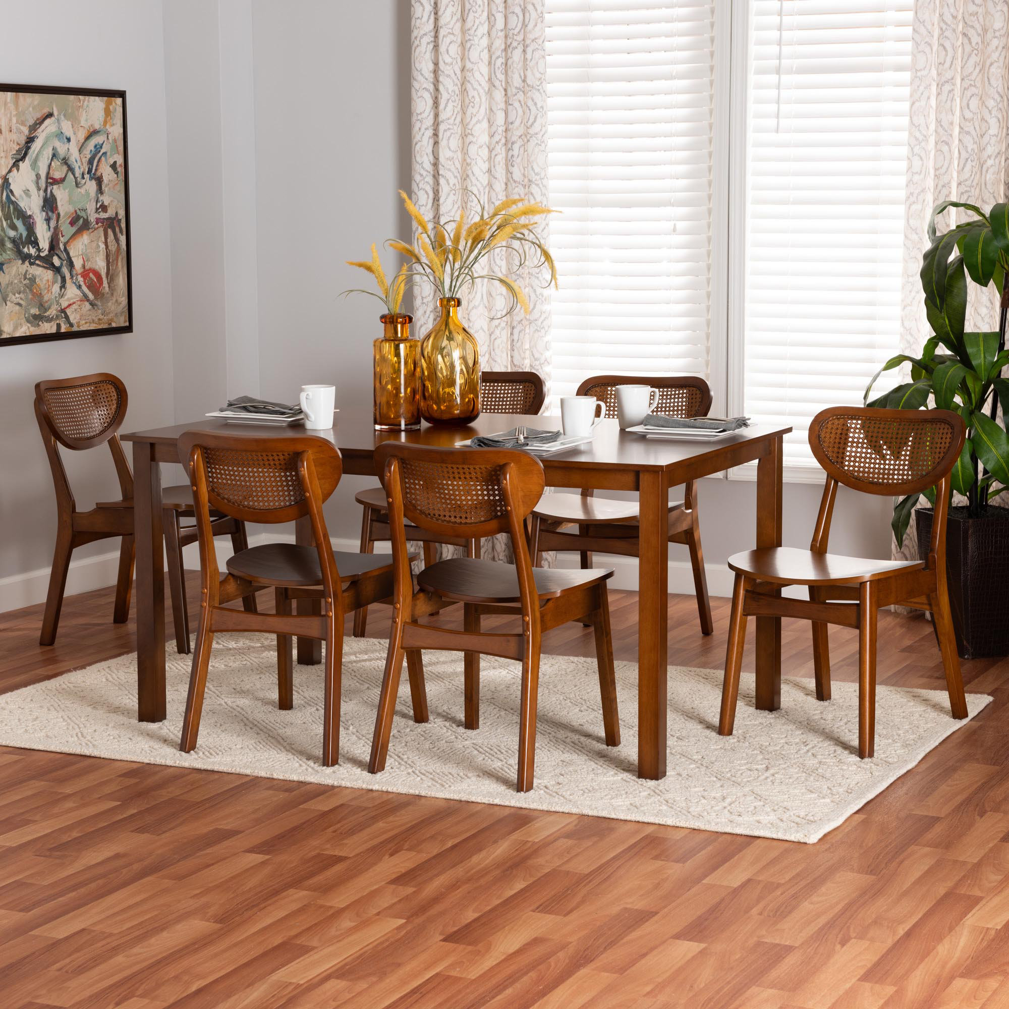 Baxton Studio Lynissa Mid Century Modern Dark Brown Brown Finished Wood And Woven Rattan 7 Piece Dining Set