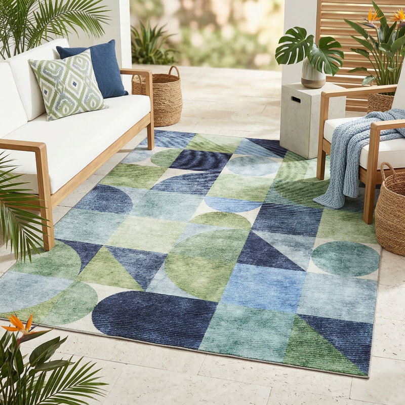 Naya Blue Green Machine Washable Indoor/Outdoor Rugs, Rectangle 4' x 6', Blue Green