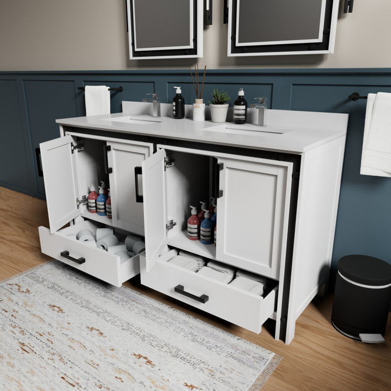 White Double Bath Vanity 60 In. W X 22 In. D, With White Quartz Top, White