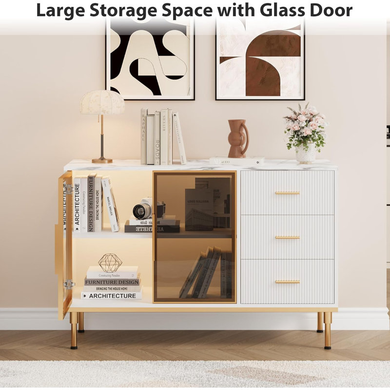 46.4" Fluted Buffet Sideboard Cabinet with Faux Marble Top, Large Kitchen, Dining Room Storage with 2 Glass Doors, 3 Drawers Adjustable Shelves, Modern Living Room Hutch