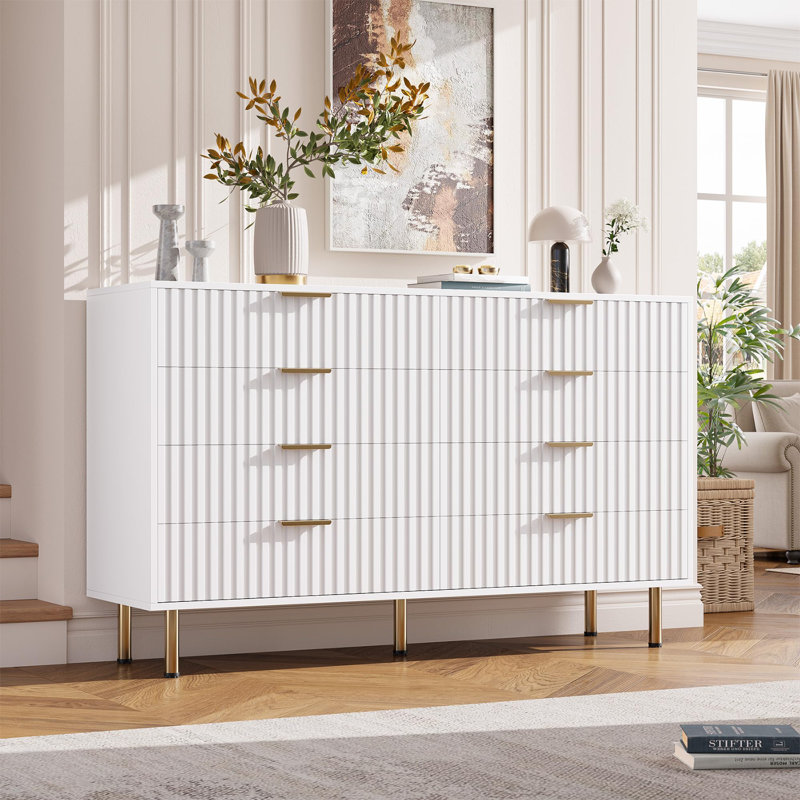 8 Drawer Dresser For Bedroom, Fluted Modern Nightstand With Deep Drawers, Gray