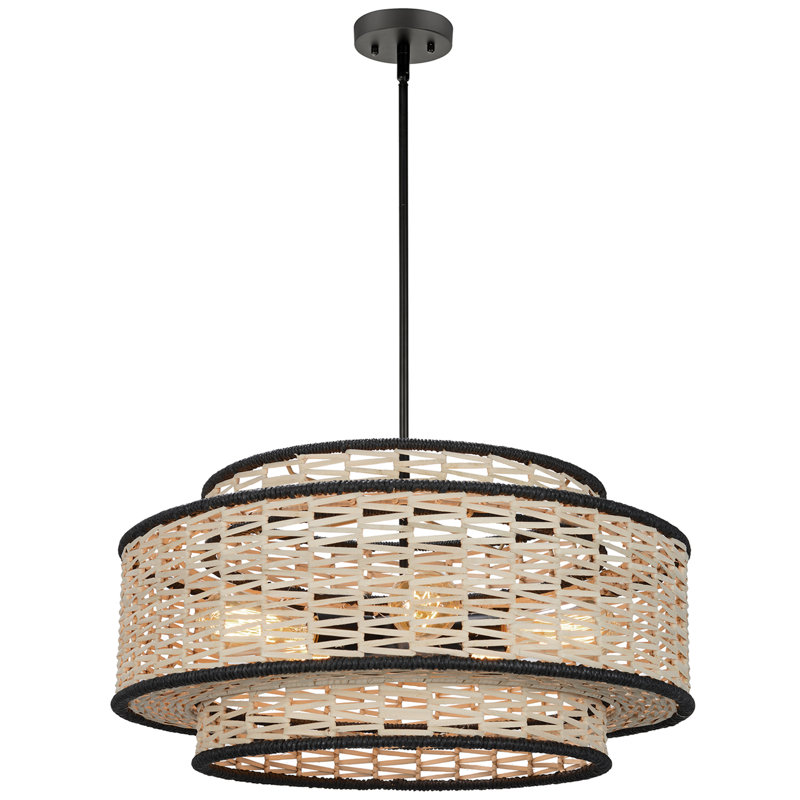Lustre cylindrique à 5 niveaux avec abat-jour en rotin tissé à la main Solara 22 pouces