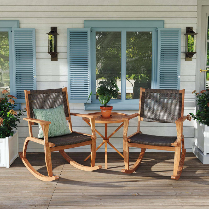Ensemble de 2 chaises berçantes en bois d'acacia et en osier, Marron foncé