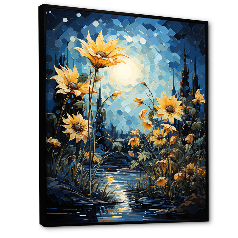 Expressionniste énergie tournesols sur toile, H 44 po x l 34 po x P 1,5 po, Cadre flottant noir
