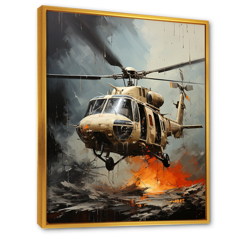 Abstrait héliporté militaire sur toile, Cadre flottant doré, 44" H x 34" W