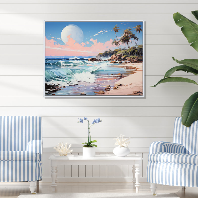 «Green Tropical Beach Escape II» - art mural bord de mer tropical, Cadre flottant blanc, H 12 po x l 20 po x P 1 po