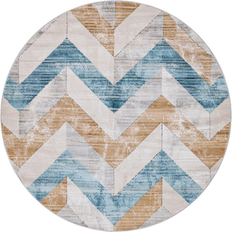  Tapis à chevrons beige / bleu, Rond 6 pi 1 po