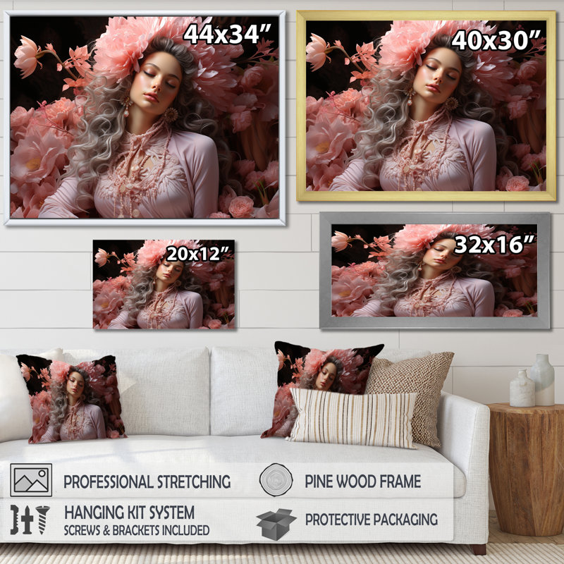 " Hindu Bhakti Blossom Blush ", Black Floater Framed, 34" H x 44" W