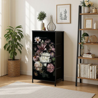 4 Drawer Vertical Storage Dresser Vintage floral Garden flowers butterfly Peonies roses with Wood Top Fabric Pull Drawers by East Urban Home