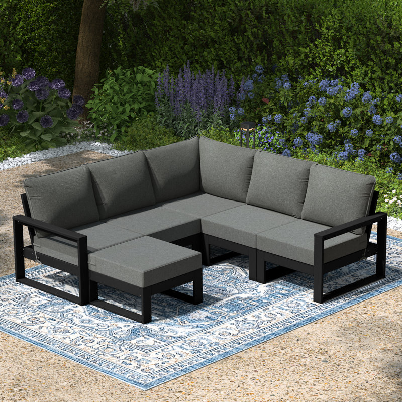 Ensemble de conversation de terrasse avec repose-pieds et cadre 6 pièces, Gris, Noir, noir, noir, noir