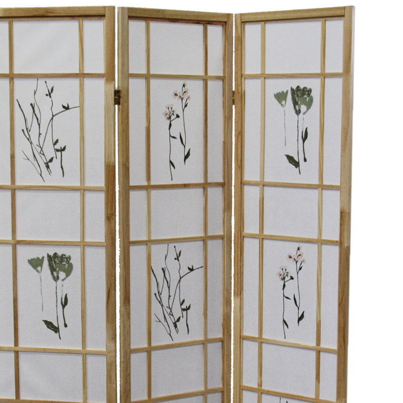 Cloison de 3 écrans de 70 po de hauteur, finition naturelle, pin massif, style asiatique traditionnel, imprimé floral, paravent asiatique de l 50 po x H 70 po