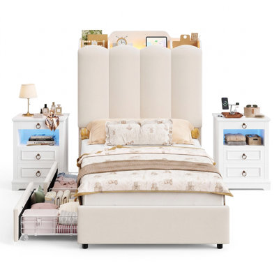 3-Piece Bedroom Set, Modern Tufted Platform Bed Frame with Storage Drawers & 2 Pack 3-Drawer Nightstand with RGB LED Light and Charging Station