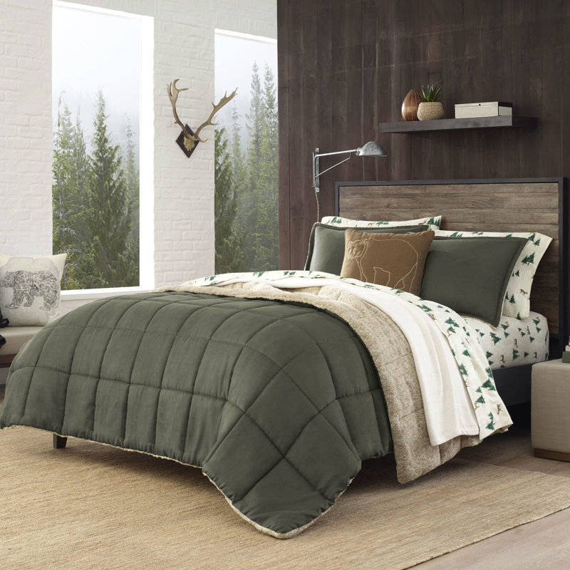 Ensemble d'édredon réversible en microsuède Eddie Bauer, Édredon très grand et 2 taies décoratives, Vert