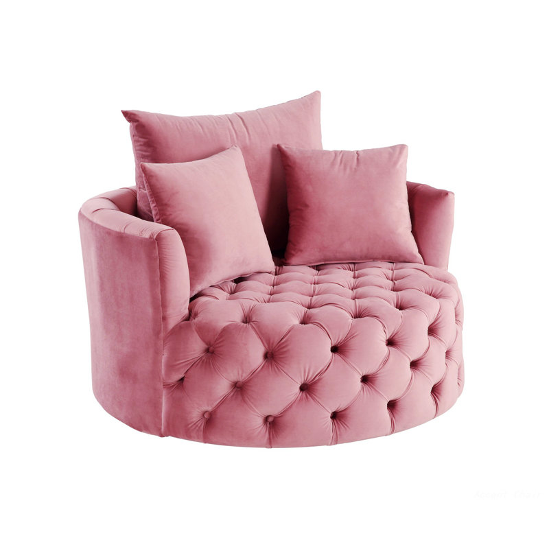 Pink Velvet Barrel Swivel Accent Chair with Pillows