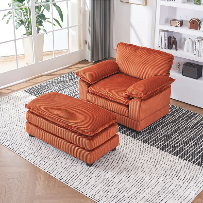 Fauteuil et repose-pieds de 56,3 po de large Schade, Velours côtelé orange