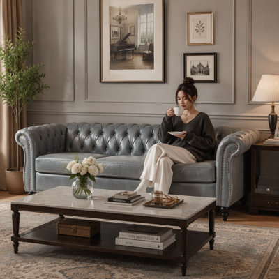 84.65" PU Rolled Arm Chesterfield 3 Seater Sofa
