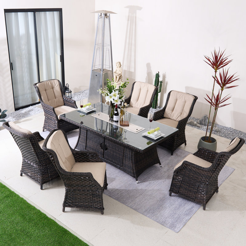 Nadya 6-Person Wicker Aluminum Patio Outdoor Fire Pit Dining Set With Cushions, Brown, Beige