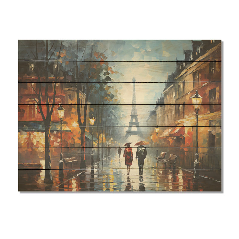 Couple romantique à Paris II - Paris sur impression sur bois, H 10 po x l 20 po x P 0,78 po