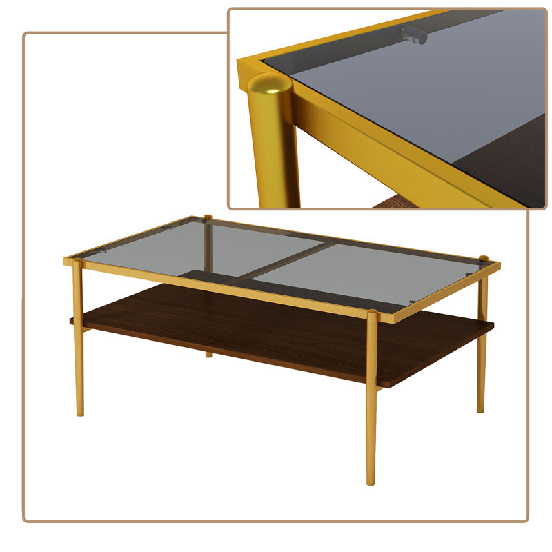 Modern stycle coffee table with glass top and a  wood shelf, metal frame, Gold/Brown